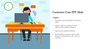 Customer service with headset at orange desk working on computer, with chat bubbles and wall clock in blue background.