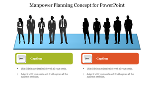Silhouettes of businesspeople standing on a blue platform, with green and orange text boxes containing percentage labels.