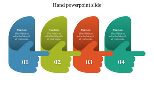 Slide with four colorful hand shaped elements in blue, green, red, and teal, each pointing towards the next.