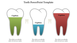 Teeth slide with three molar graphics outlined in gray, partially filled with green, blue, and red, plus small tooth icons.