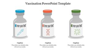 Vaccination PowerPoint template featuring vaccine vials and icons of a syringe, DNA, and a virus.