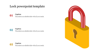 Slide featuring a large yellow lock icon with a red shackle and three text placeholders on the left for content.