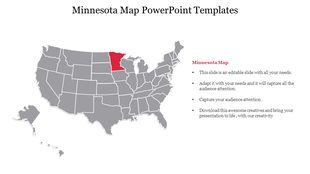 United States map with Minnesota highlighted in red, other states in gray, with caption area and bullet points.