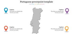 Map of Portugal with four colorful location markers around it, each paired with placeholder text placed in a white background.