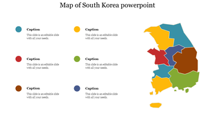 PowerPoint slide displaying a colorful map of South Korea with regions highlighted in different colors and captions.