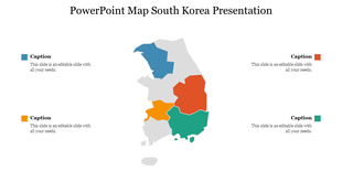 PowerPoint map of South Korea with colorful regions and captions for each section.