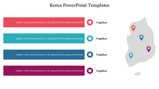Korea template featuring a gray map with four colorful location pins in orange, teal, blue, and pink, with colored text bars.