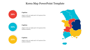PowerPoint template featuring a color coded map of Korea with percentage values and captions on a white backdrop.
