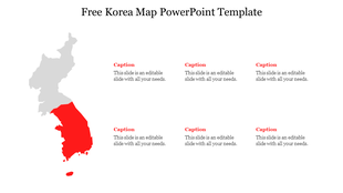 Korea Map slide with south Korea in red, North Korea in gray, six  placeholders text areas placed in a white backdrop.