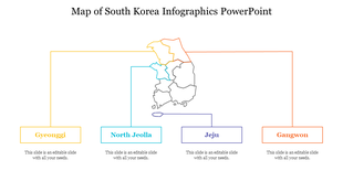 Map of South Korea with regions outlined in yellow, blue, purple, and orange, connected to text boxes by matching lines.
