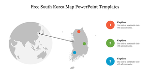 Highlighted South Korea map with colored markers and caption areas on the right.