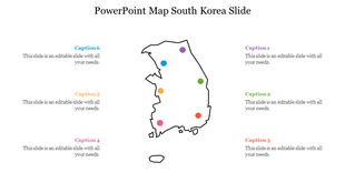 South Korea map outline with six location markers in purple, green, orange, pink, yellow, and blue, linked to captions.