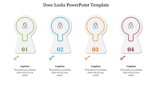 Four keyhole shapes in green, blue, orange, and red, each with a lock symbol and matching colored key icon with text below.