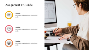 Assignment PowerPoint slide with three captions and icons on the left, featuring a person working at a desk.