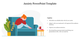 Illustration of a person sitting in a curled up position on a couch, with a coffee table and a plant nearby with text.
