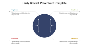 A central curly bracket symbol inside a blue circle, connected to four colored captions positioned at each corner.