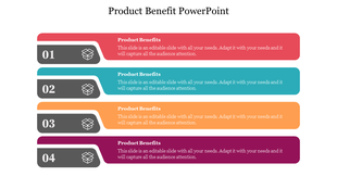 A slide showing four colorful sections, each highlighting product benefits with text and number labels 01 to 04.