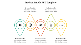 Product benefit PPT Template featuring five drop-shaped markers with icons representing different product benefits, arranged horizontally.