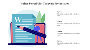 Writer-themed graphic showing a blue document with a large letter w, a person, oversized pencil, and a laptop.