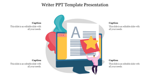 A slide for a writer themed presentation, featuring a computer with a large letter A and a star, along with caption spaces.