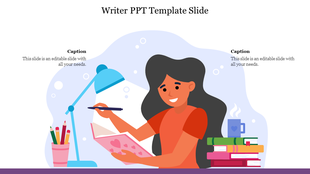 Writer slide featuring a smiling woman writing in a notebook, surrounded by books, a desk lamp, and a cup of tea.