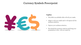 A slide displaying colorful currency symbols, including yen, euro, and dollar signs, accompanied by a descriptive caption.