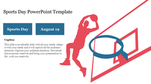 Sports Day slide with a silhouette of a basketball player dunking near a hoop graphic and two blue caption boxes.