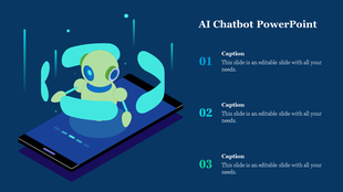 Animated AI chatbot emerging from a phone, set against a dark blue background with three text captions to the right.