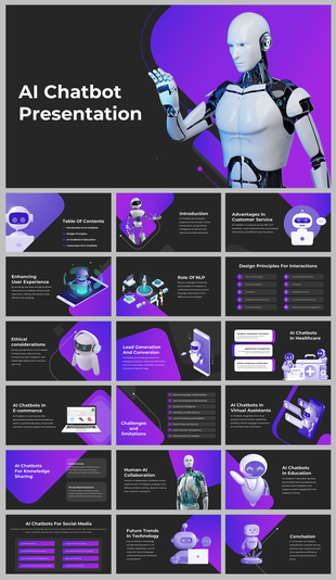 Slide deck with dark background and purple accents, featuring robot illustrations and AI chatbot concepts.