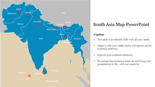 Colorful map of south asia slide highlighting key countries in a red marker and capitals with a caption text.