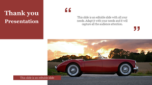 Thank you slide with a red classic car image at sunset, a maroon text box on the left, and a quote placeholder on the right.