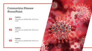 Coronavirus slide with three numbered captions on the left and a red-toned virus cell graphic on the right.