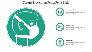 Corona prevention slide with a large green icon of a masked person and three circular icons and text on the right.