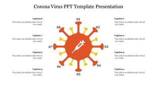 Corona Virus slide featuring a red virus icon with eight symmetrical arms and caption areas on both sides.