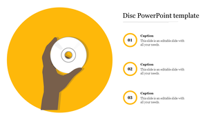 Illustration of a hand with a CD on a vibrant yellow circle, and three numbered text sections to the right.