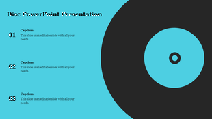 PowerPoint slide with a large disc icon on a bright blue background, featuring numbered captions.