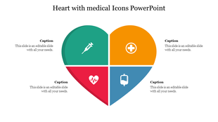 Heart shaped diagram divided into four colorful sections in green, orange, red, and blue, with a white medical icon.