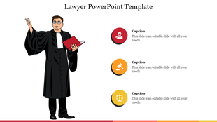 PowerPoint slide featuring a lawyer holding a book, with space for multiple captions on the right side with icons.