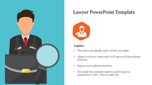Illustration of a lawyer in a suit with a briefcase and magnifying glass on the left, with text section on the right.