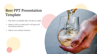 A hand pours beer into a glass with yellow and pink circular accents in the background, with text section on the left.