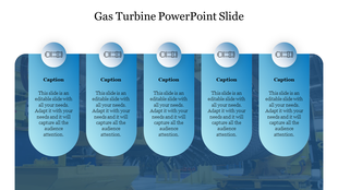 Gas turbine slide with five blue icons and caption areas placed vertically in a white background.