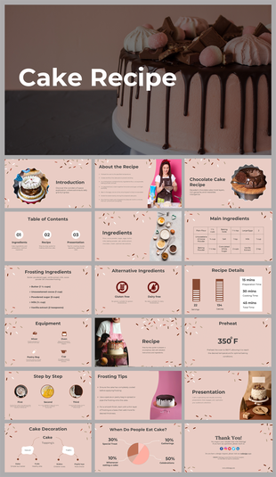 Comprehensive slide deck for a chocolate cake recipe, featuring steps from ingredients to presentation and serving tips.