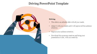 Driving PPT slide featuring a person's hands on a steering wheel with placeholder text.