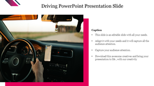 Driving slide with a photo of a car interior showing a hand on the steering wheel and navigation on a phone, with text.