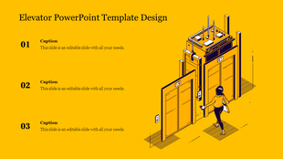 Isometric illustration of a person entering an elevator on a yellow background, with three numbered text on the left.