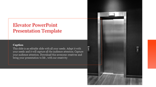 Slide with a black and white elevator photo and a dark gray text box with red border on the left.