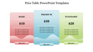 Price table showing basic, premium, and standard plans with respective pricing and buy now buttons at the bottom.