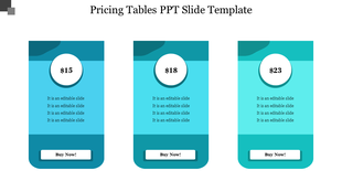 Blue themed pricing table slide featuring three price points and a Buy Now button with placeholder text on a white backdrop.