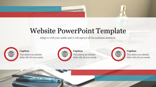 Website PowerPoint slide featuring a laptop and internet browser screen with global icons, captions, and placeholder text.