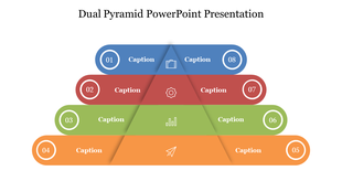 Dual pyramid PowerPoint slide with eight sections labeled with captions and icons, layered in colorful levels.